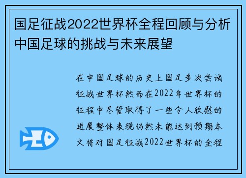 国足征战2022世界杯全程回顾与分析中国足球的挑战与未来展望